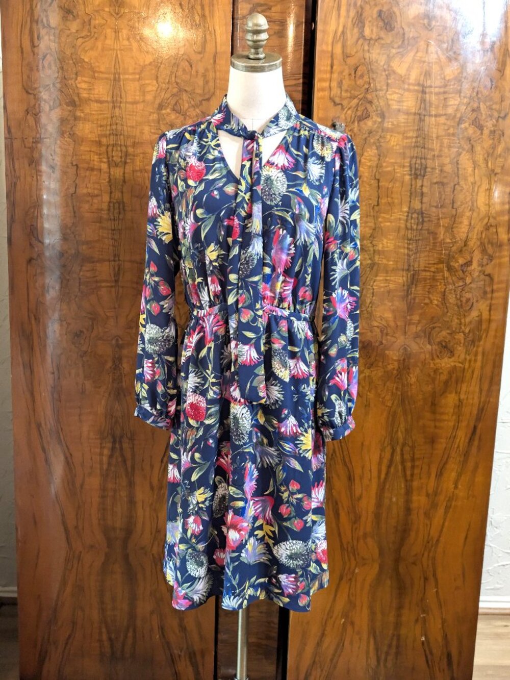 NWT J. Crew Navy Floral Tie-Neck Dress S Long Sleeve Boho Preppy Business Casual